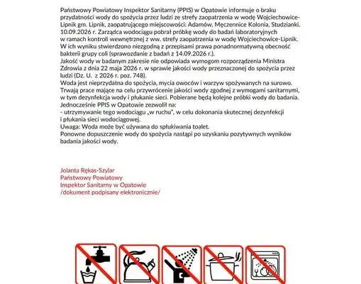 Bakterie grupy coli w wodociągu Wojciechowice-Lipnik. Woda niezdatna do spożycia