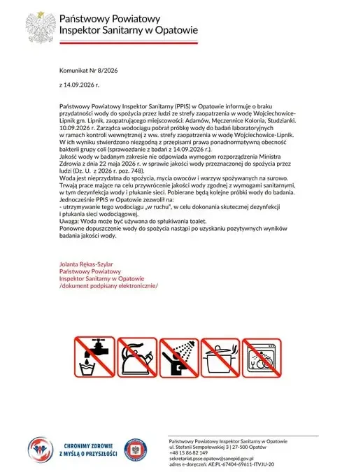 Bakterie grupy coli w wodociągu Wojciechowice-Lipnik. Woda niezdatna do spożycia