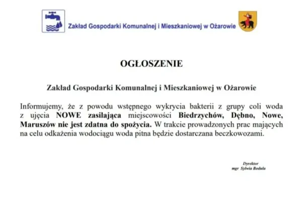 Uwaga! Woda z wodociągu Nowe niezdatna do spożycia