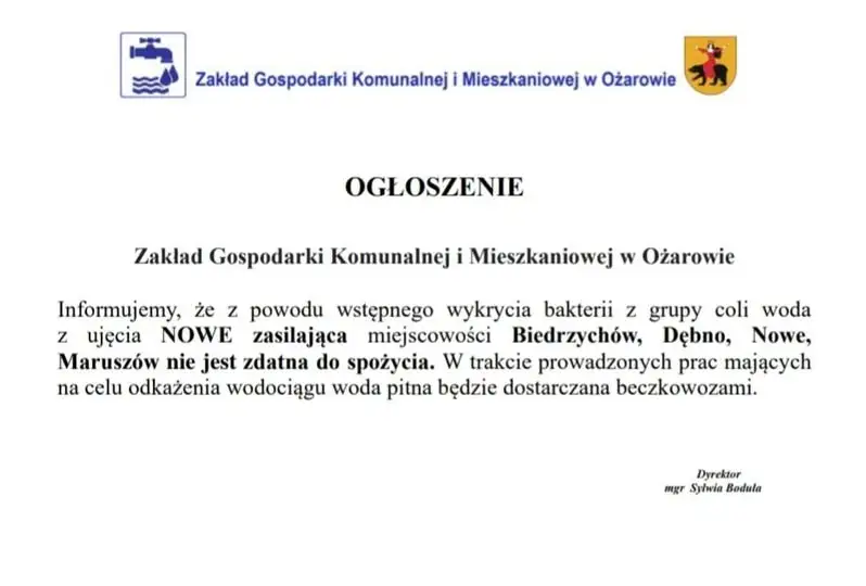 Uwaga! Woda z wodociągu Nowe niezdatna do spożycia