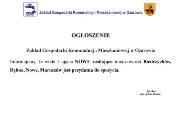 Woda z ujęcia Nowe w gminie Ożarów ponownie zdatna do spożycia