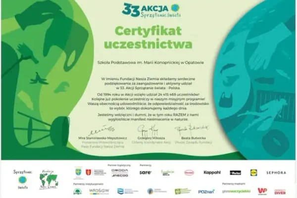 Szkoła Podstawowa w Opatowie z certyfikatem za udział w 33. akcji Sprzątanie Świata